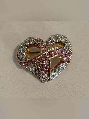 Swarovski Pink & Crystal Heart Breast Cancer Pin Brooch Vintage Mint Condition